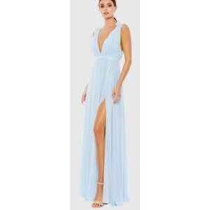 Mac Duggal Pleated Slit Baby Blue Formal Gown Maxi Dress Size 6 NWT